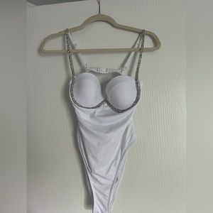 White one piece swimsuit from misguided with crystal embellishments